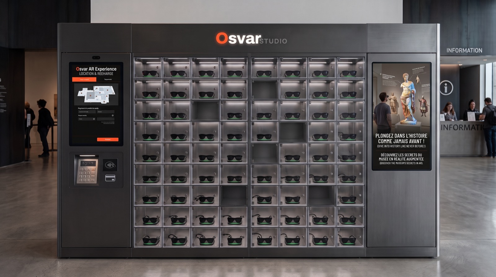 Le Corner Asvar : borne de rangement, de location et de recharge pour les lunettes XR, installée à l’accueil d’un musée