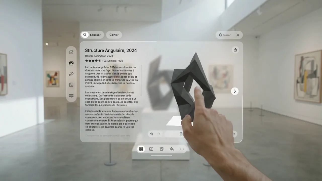 Vue à travers les lunettes : fiche d’une sculpture et son modèle 3D, dans une galerie d’art contemporain